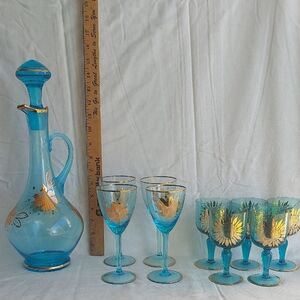 Blue and Gold Hungarian Glass Decanter Set With Bonus Set Of Glasses